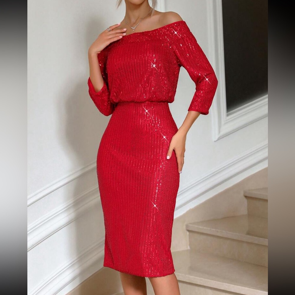 Luxe off shoulder slit thigh midi sequins dress - Picture 3 of 6
